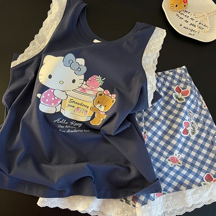 【少女HelloKitty】蕾丝花边背心睡衣夏季新款格子短裤家居服套装女