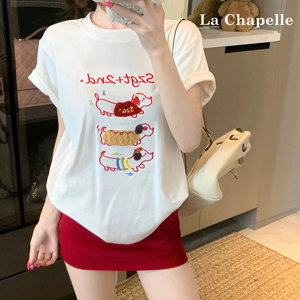 拉夏贝尔可爱腊肠狗刺绣短袖正肩女t恤夏宽松百搭上衣设计感小众