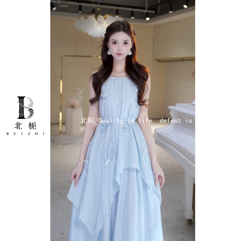 【北栀】【蓝屿花叙】蝴蝶结挂脖天丝连衣裙 814580