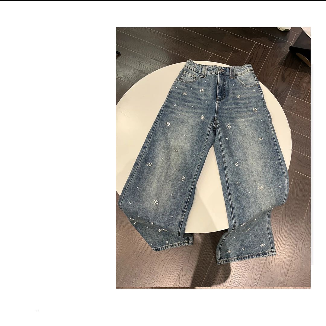 【yanyan外贸】Fb水洗棉手工钉珠阔腿牛仔裤|F05049