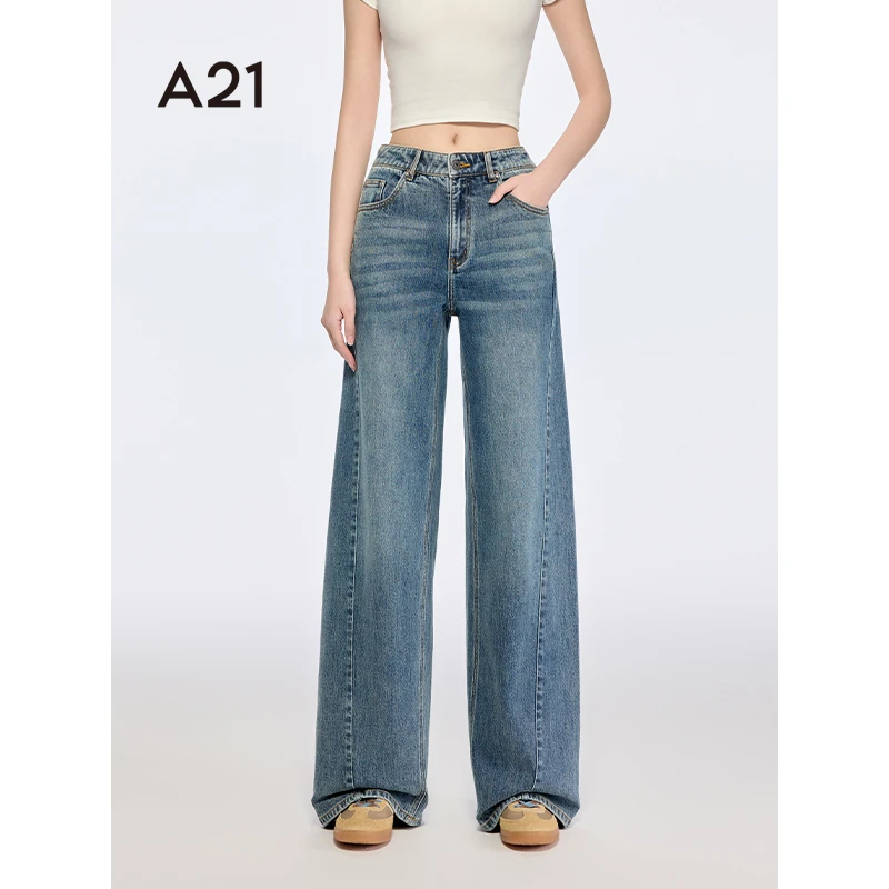 A21女装高腰阔腿直筒牛仔长裤F452226036