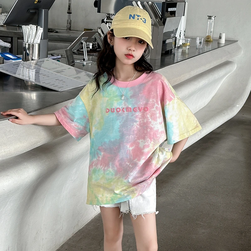 女童t恤扎染短袖2025夏季新款女大童宽松多巴胺半袖儿童上衣夏装T