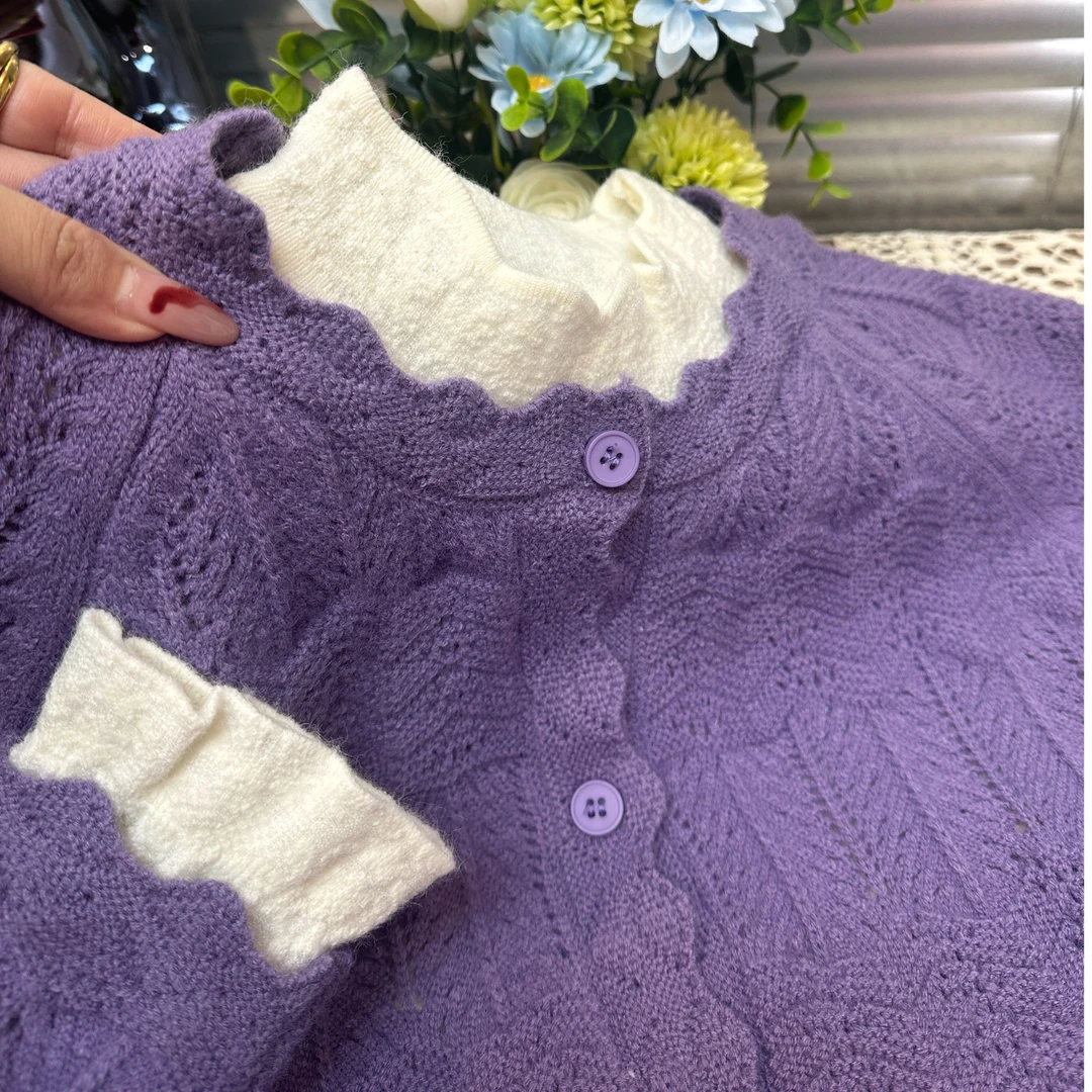 【春紫波浪边】春季气质针织开衫宽松外套长袖开衫