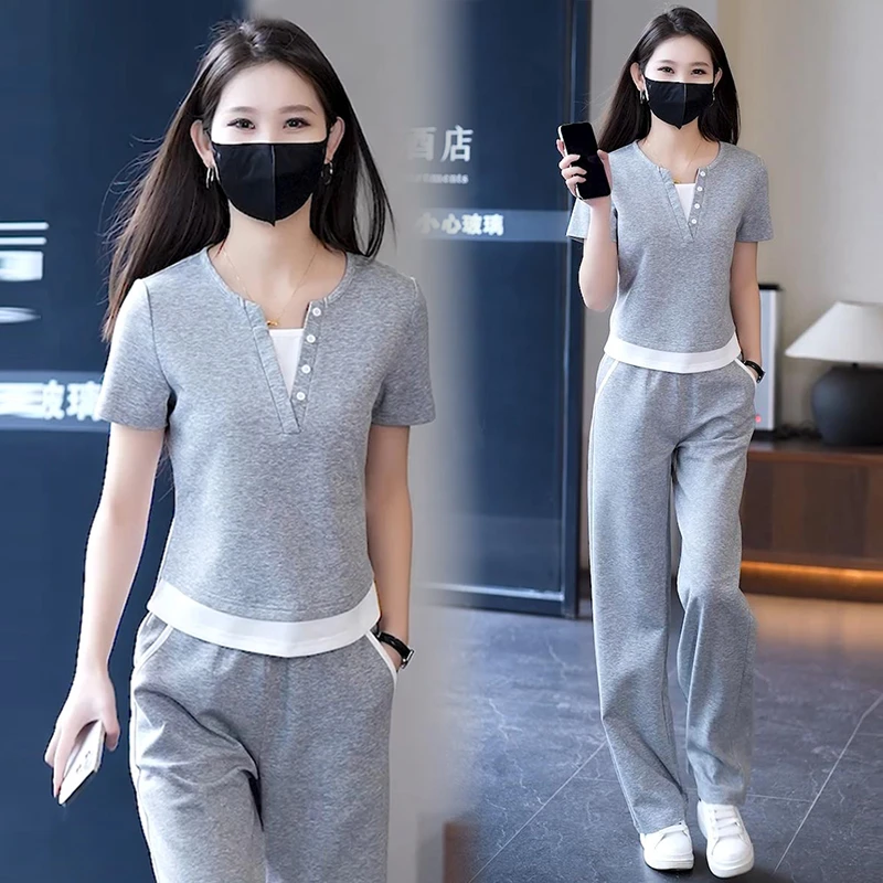 高含棉时尚假两件拼接套装女2025年夏季新款小v领上衣长裤两件套