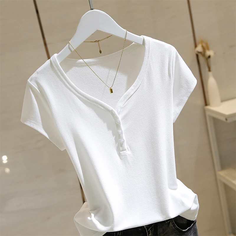 白色v领正肩短袖T恤女2025夏季新款百搭修身显瘦内搭打底体恤上衣
