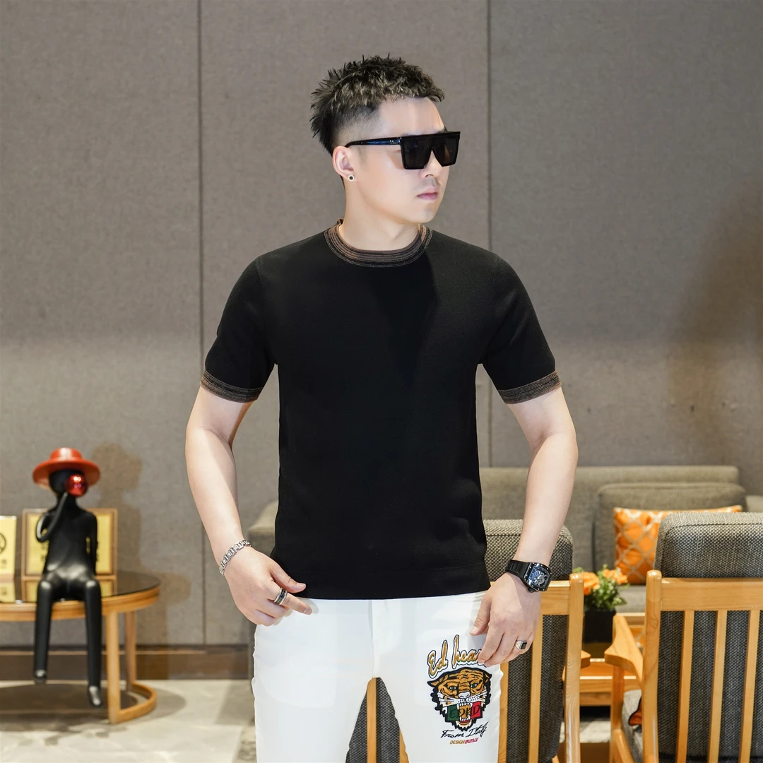 男装秋季新品轻奢高级感老钱风黑色圆领针织短袖毛衣打底衫GL5722