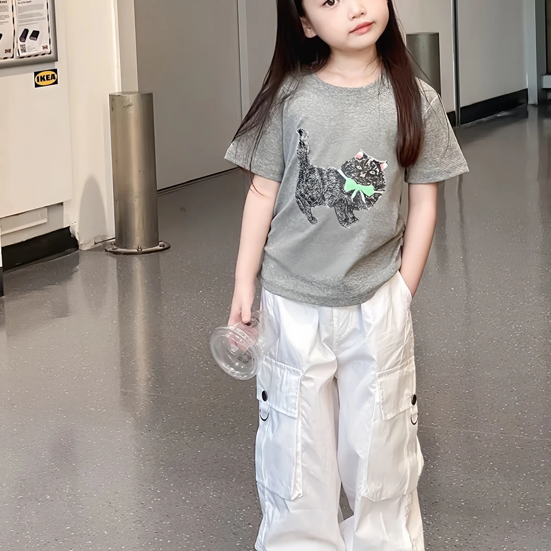 童装百搭女童夏季中大童印花套头卡通动漫童装纯色休闲女童套装