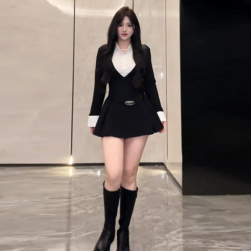 大码性感拼接连衣裙学院风拼接假两件衬衫女气质显瘦遮肉微胖裙子