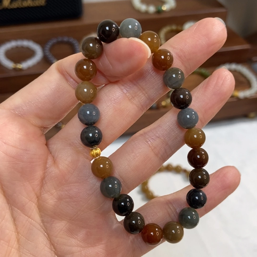 和田玉18K金镶嵌手链8mm楼兰精品
