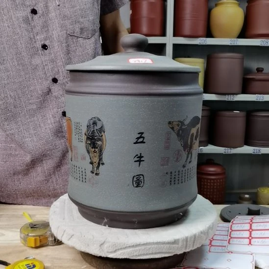 紫砂茶叶罐处理七饼宝塔五牛图7917