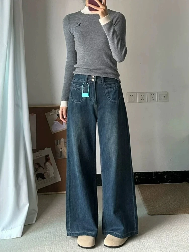 梨形身材复古蓝牛仔裤女胖妹妹mm秋季新款高腰显瘦遮胯拖地阔腿裤