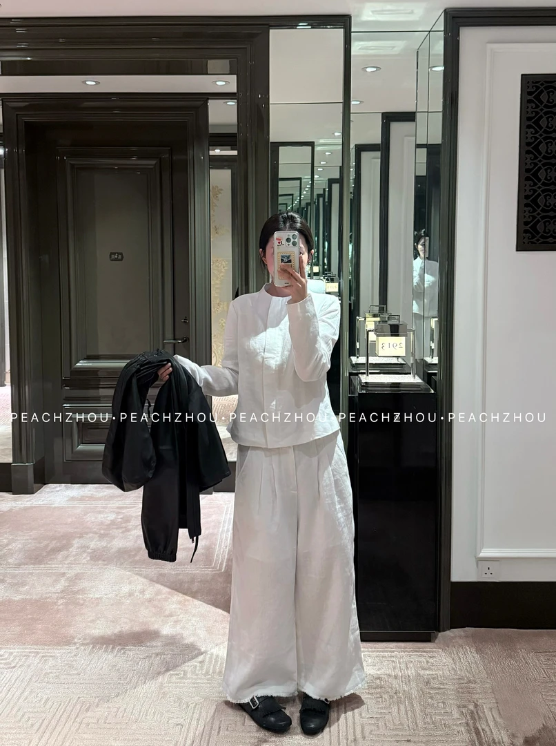 『PEACHZHOU』100亚麻毛边压褶宽松系扣休闲裤气质简约阔腿九分裤女