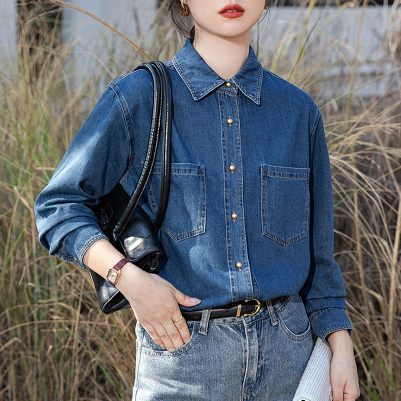 牛仔衬衫女春秋衬衣长袖时尚休闲百搭复古小众设计感女装牛仔上衣
