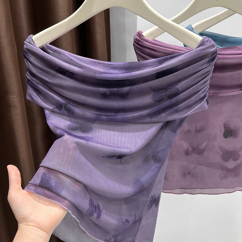 紫色纯欲风一字领无袖上衣女夏季爆款蝴蝶印花T恤外穿网纱打底衫