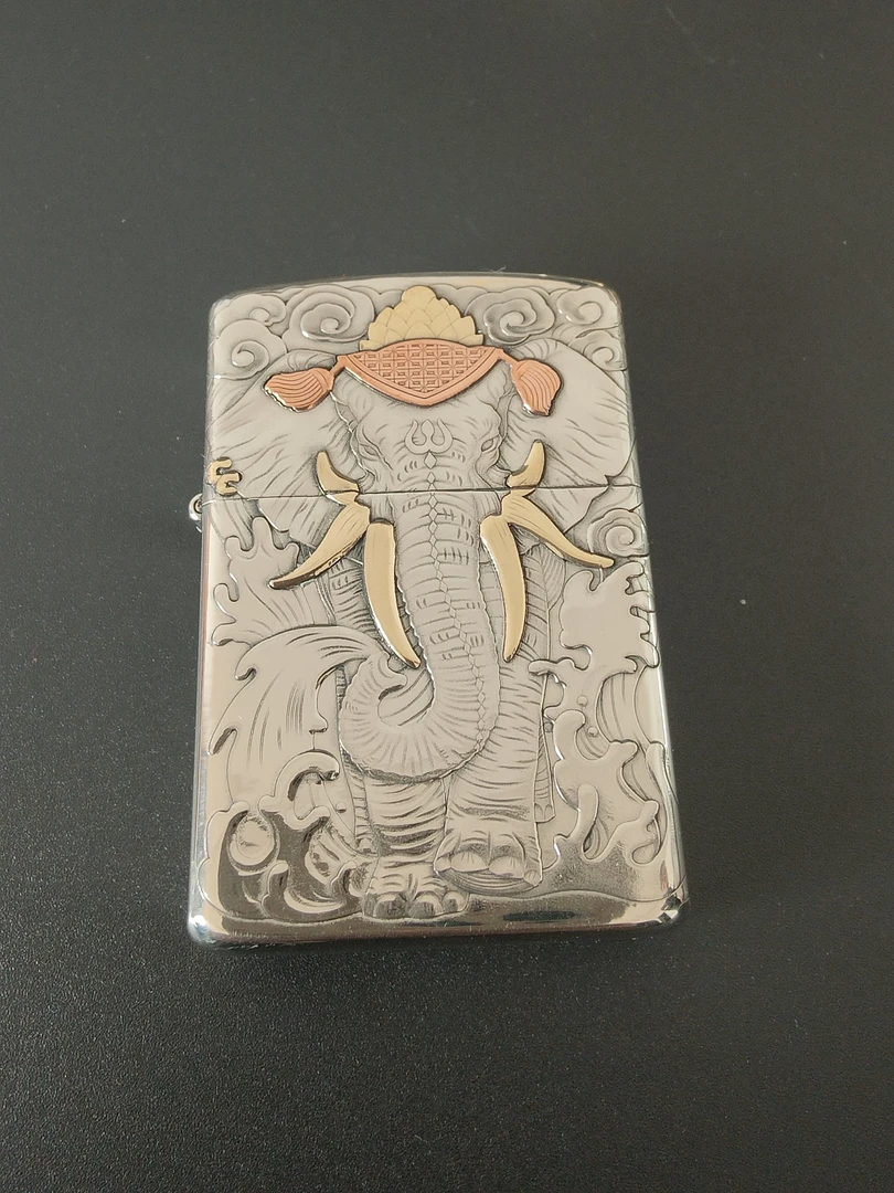 六牙象立体双面浮雕白铜镶嵌防风打火机手工创意