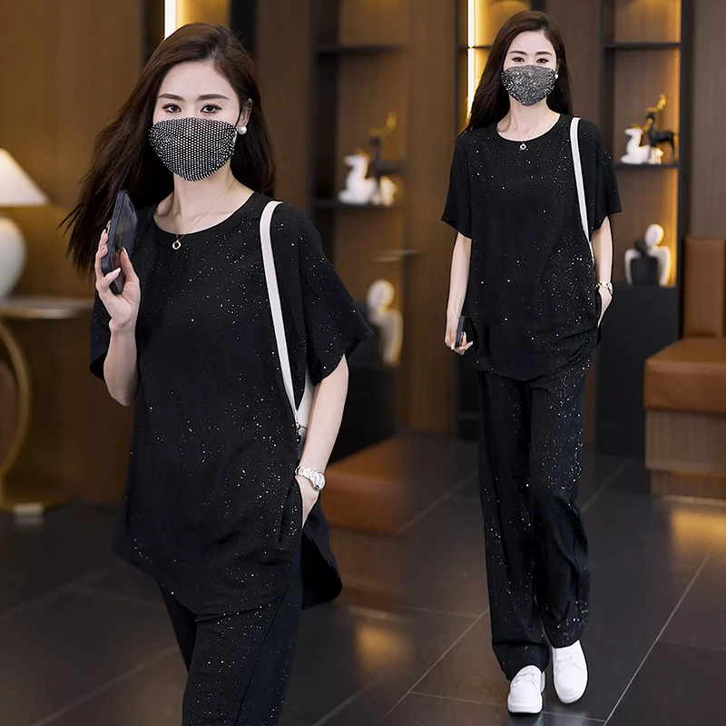 时尚法式短袖套装黑色时尚套装休闲休闲风韩版慵懒风两件套