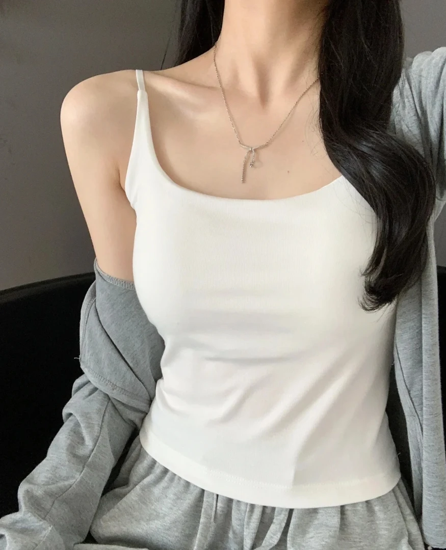 纯欲夏季吊带背心女带辣妹白色美背外穿显瘦胸垫设计上衣显瘦打底