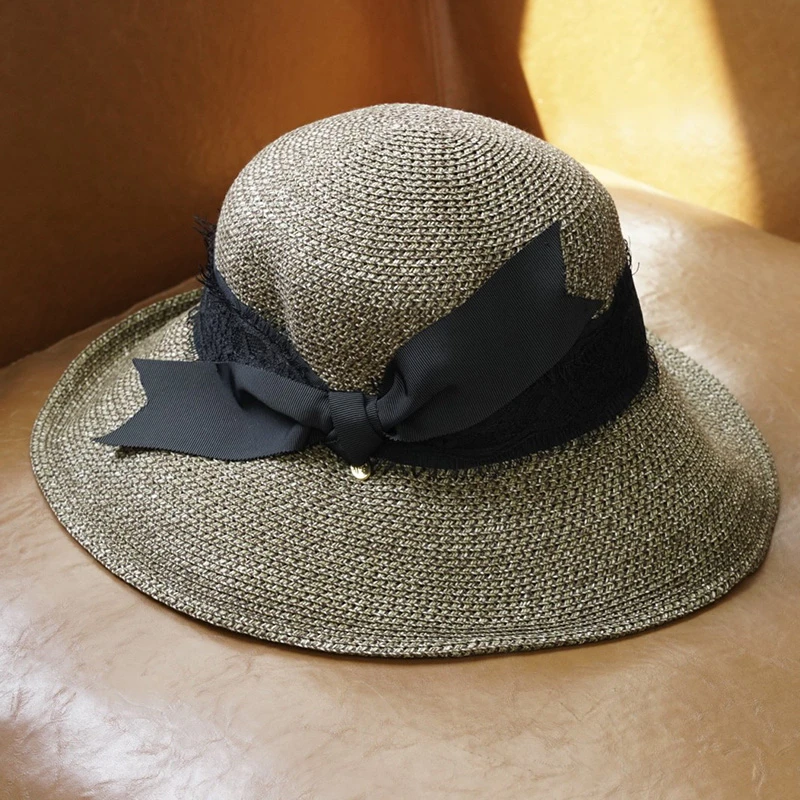 夏天百搭蕾丝蝴蝶结编织草帽遮阳帽女士帽子（250794）