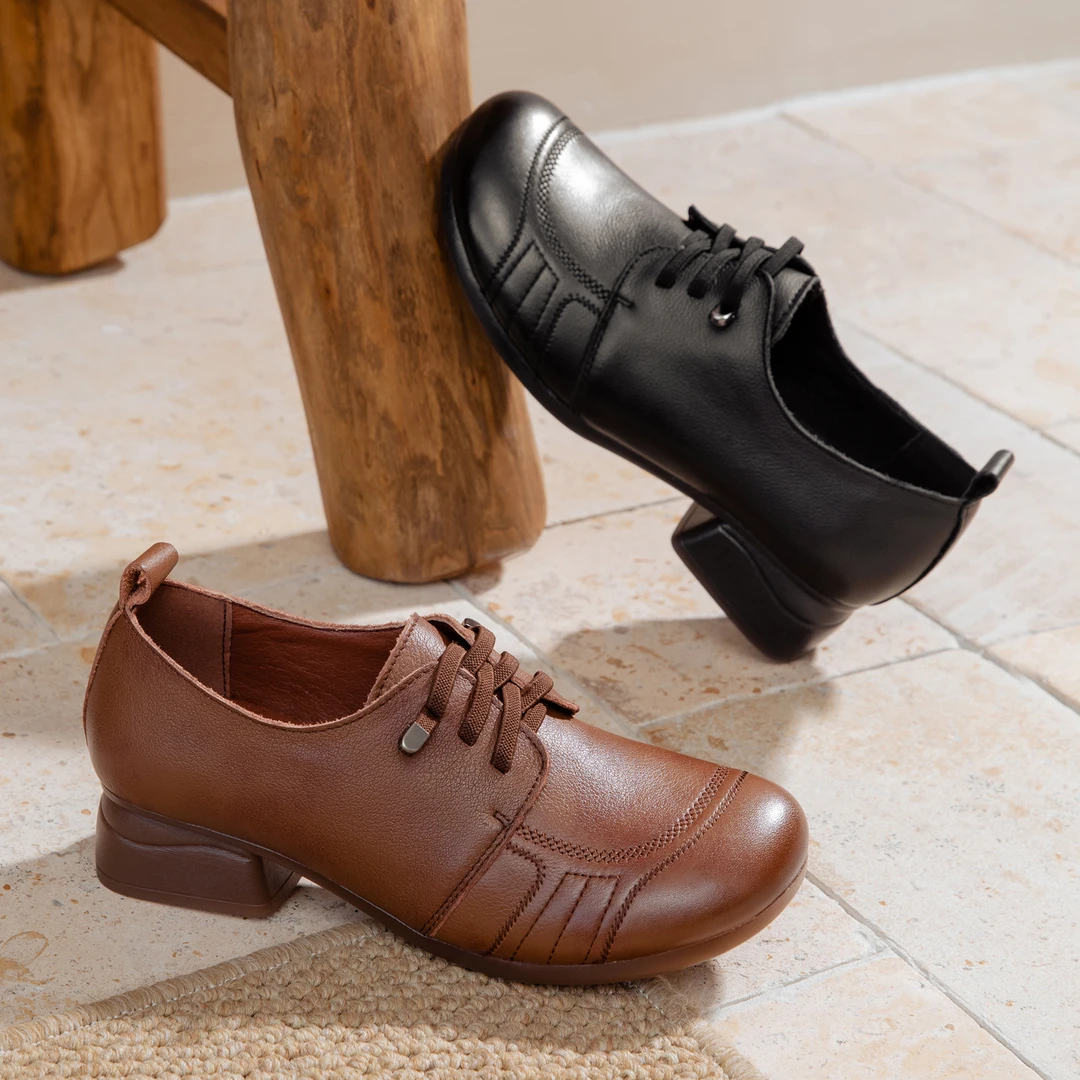 牛皮软面单鞋文艺复古圆头舒适软底秋季粗跟时尚防水台真皮妈妈鞋