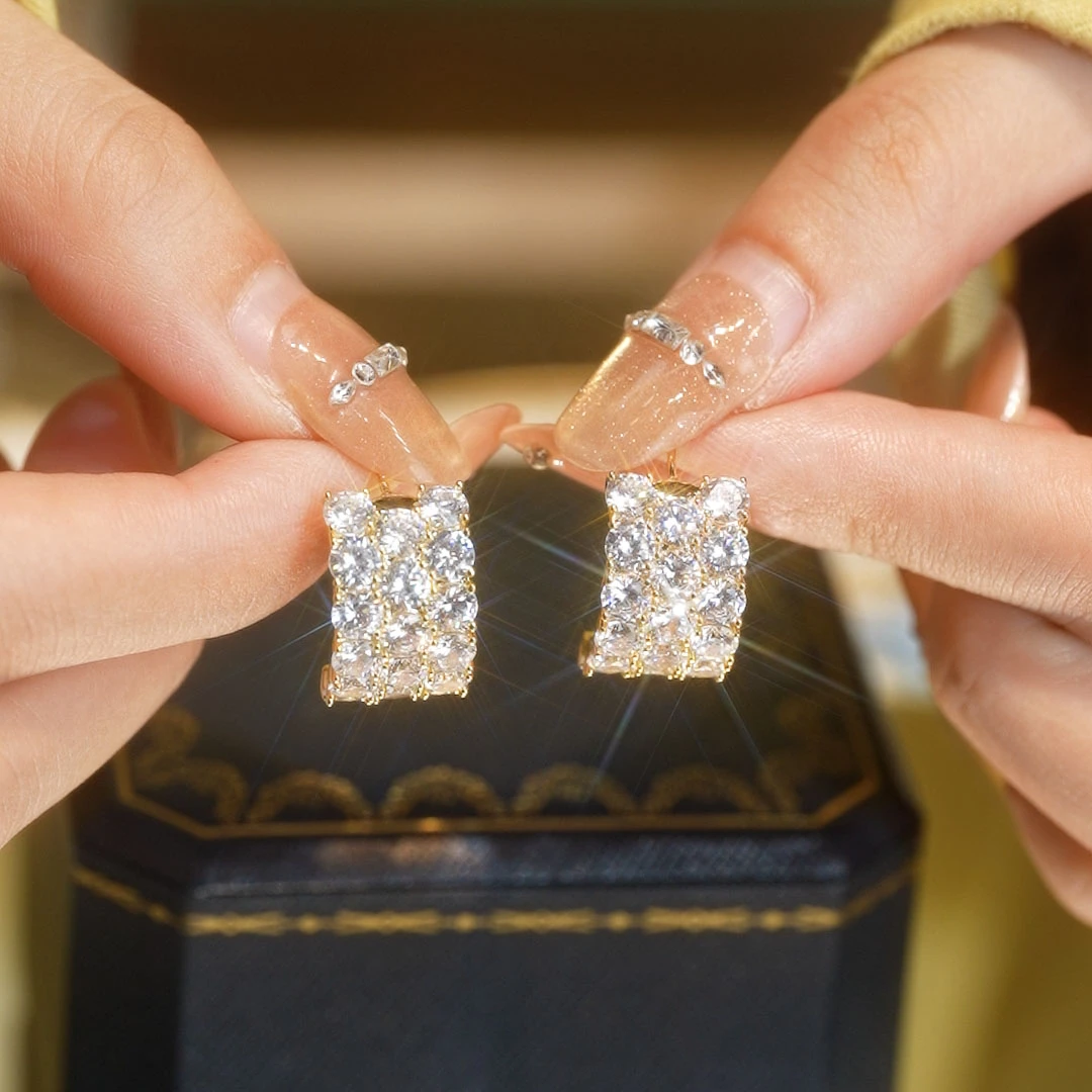 铜合金合成锆石耳饰 10575几何图镶嵌复古耳环耳扣金色简约小众