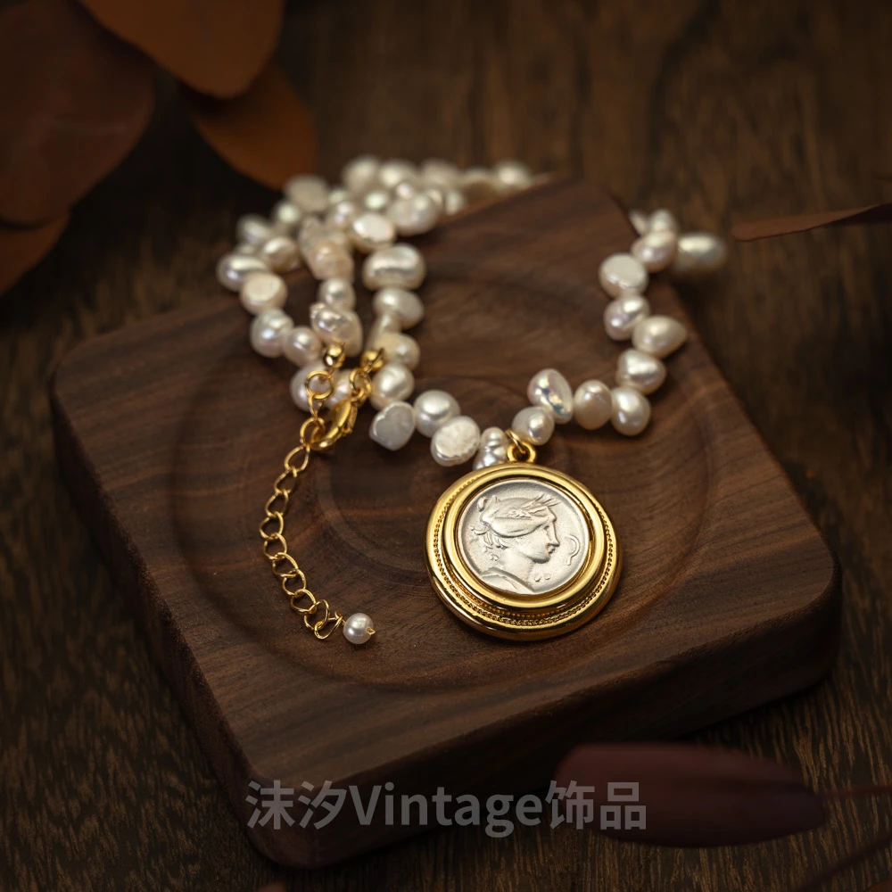 铜合金项链 大力神人像古币珍珠项链古董吊坠电镀24K金首饰