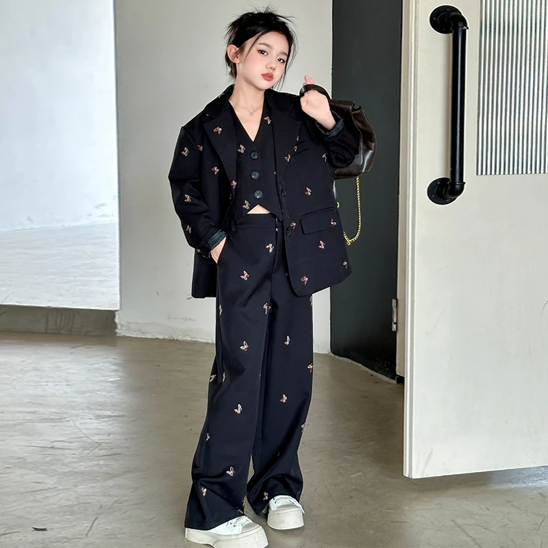 女童春西服套装时髦轻奢马甲长袖西服开衫直筒西裤三件套中大童装