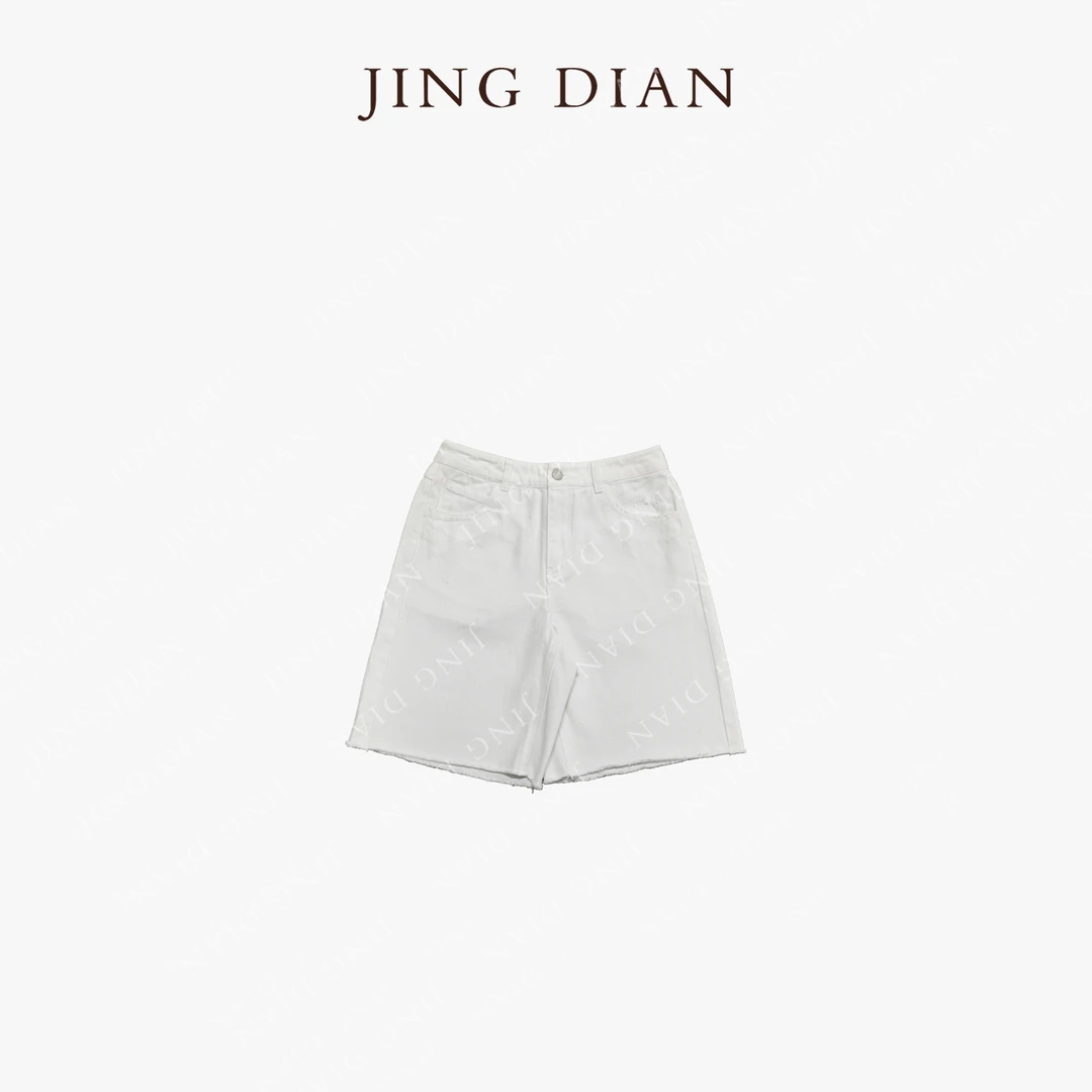 【JD】定制款白色极简毛边牛仔短裤