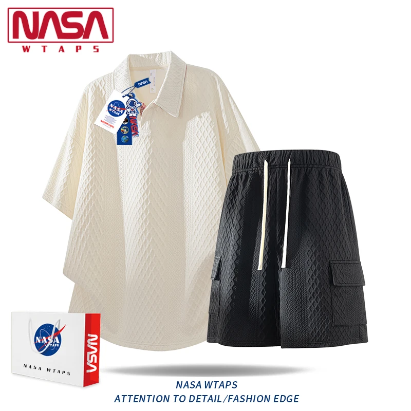 NASA WTAPS冰丝翻领短袖套装男生夏季凉感透气宽松休闲运动两件套