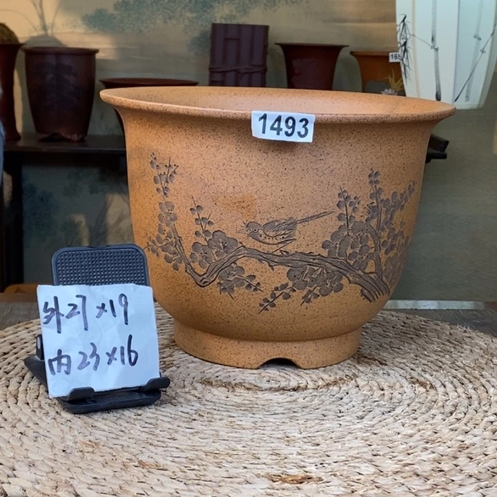 花盆紫砂 放漏柴烧精品刻绘墨梅大金钟1493