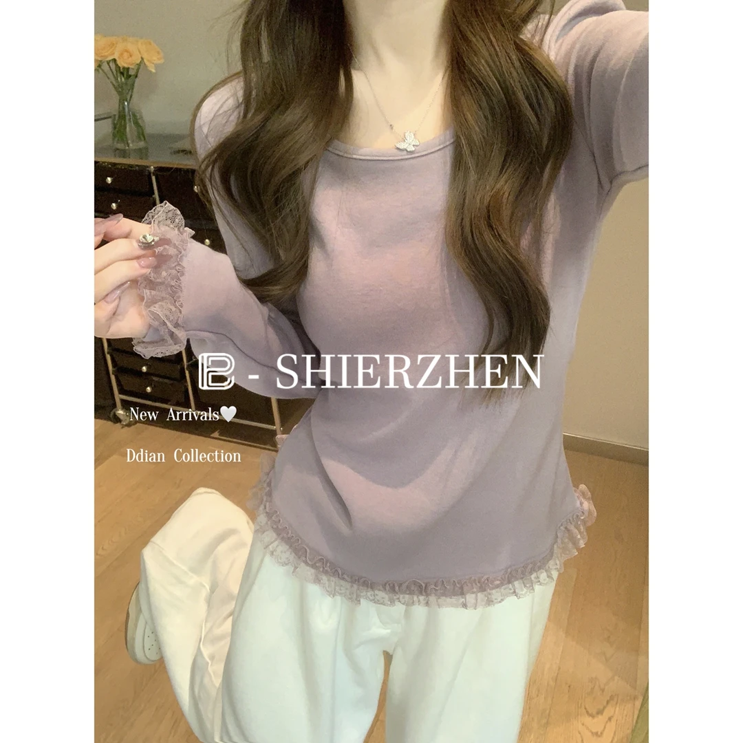 秋冬韩版圆领仙气温柔蕾丝边羊绒磨毛内搭长袖打底衫T恤上衣女