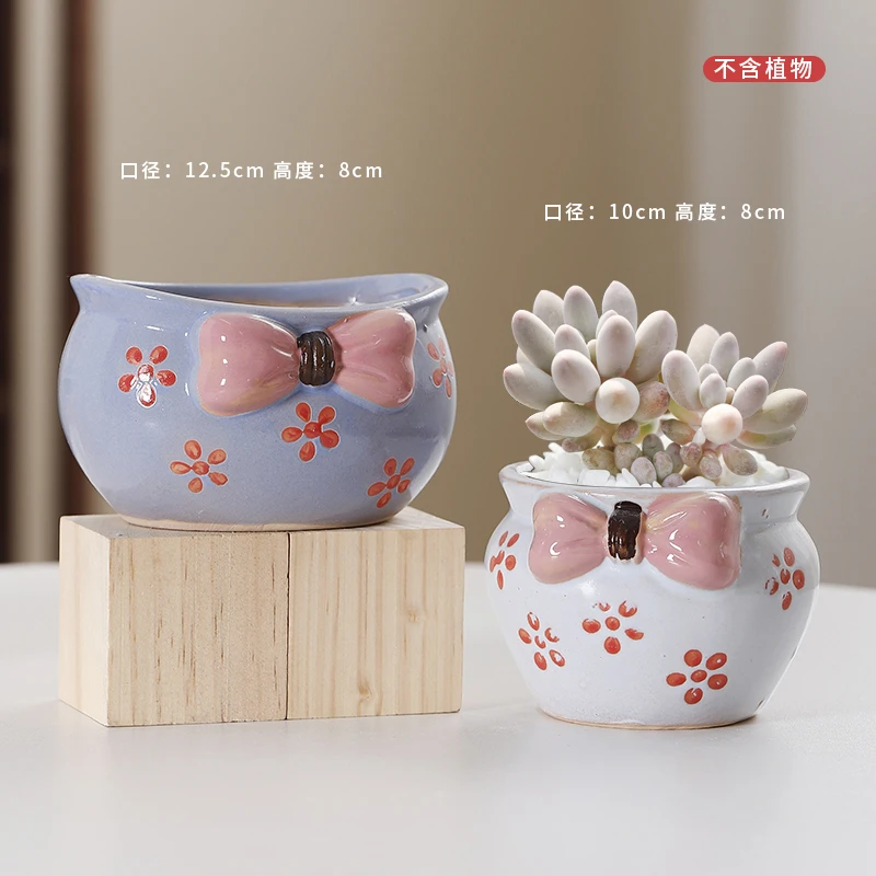 2个多肉花盆创意动物造型陶瓷蝴蝶结透气植物摆件