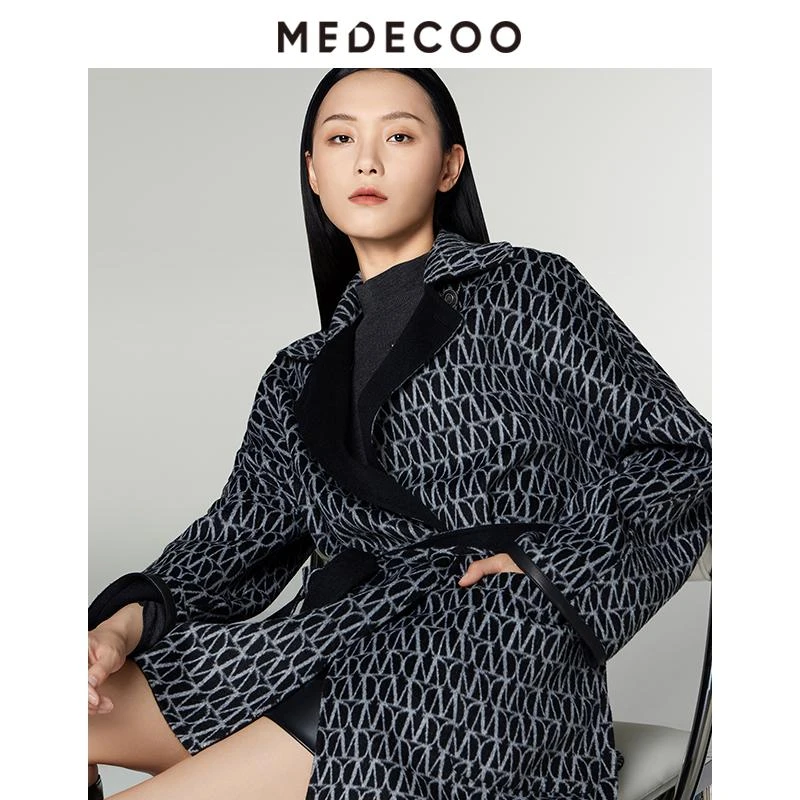 【妍妍专属】墨蒂珂2024冬女装印花羊毛中款翻领毛呢大衣D20217