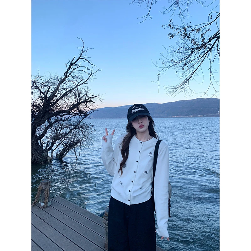 cozydays别致小刺绣圆领针织开衫女早春2025新款软糯韩版圆领毛衣