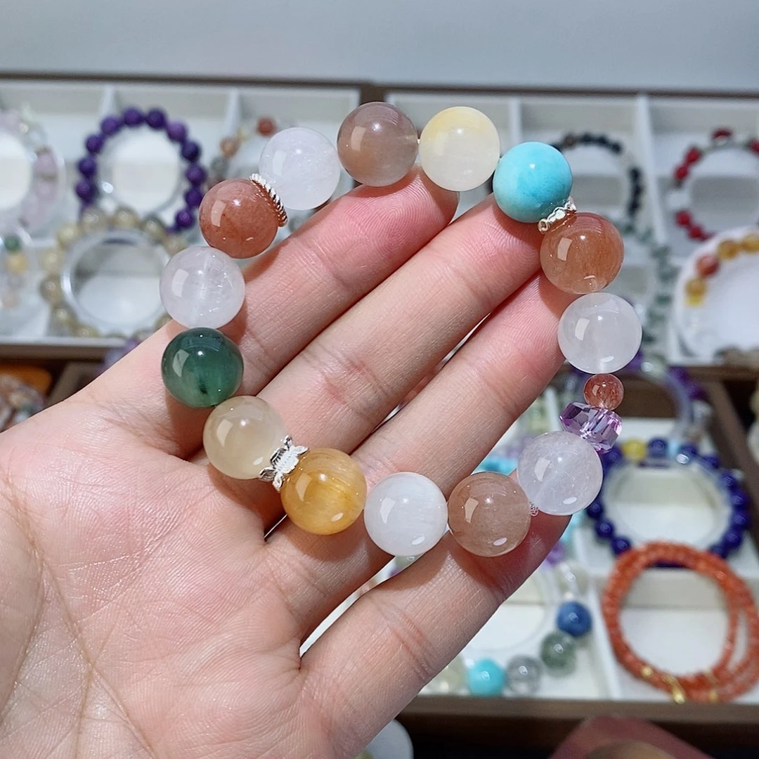 水晶手链银S925镶嵌彩兔毛水晶手串