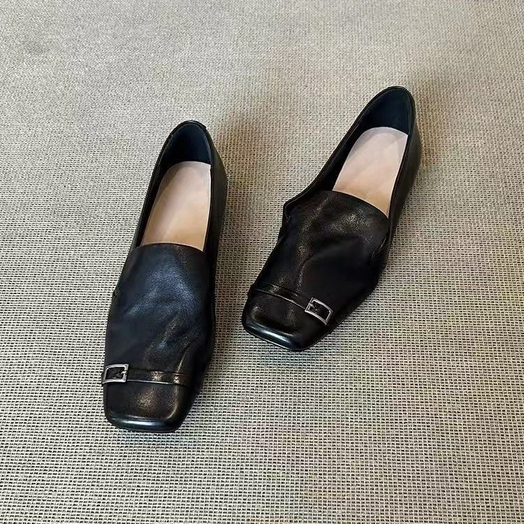 HS羊皮版复古英伦风真皮方头一脚蹬乐福鞋女小众平底小皮鞋黑色