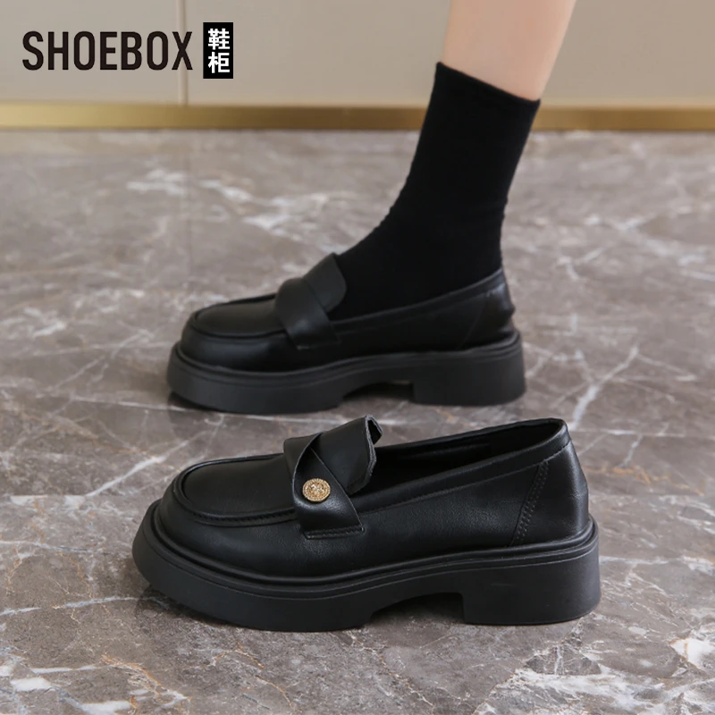 SHOEBOX鞋柜厚底乐福鞋女2025新款春季一脚蹬黑色玛丽珍小皮鞋
