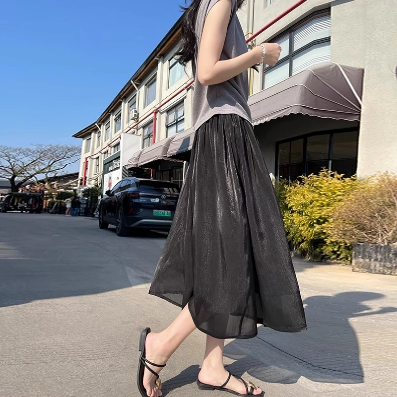 黑色流光裙女2025夏季新款高腰显瘦光泽感a字半身裙中长款纱网裙
