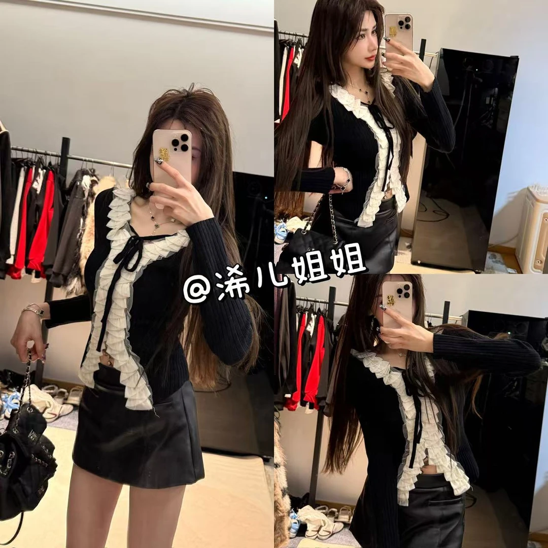 （浠儿姐姐）秋冬别致修身荷叶边v领上衣设计感小众毛衣针织打底衫