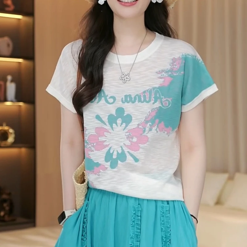 【涟漪花语】夏季百搭时尚宽松短袖圆领卡通毛织T恤上衣LK2504997