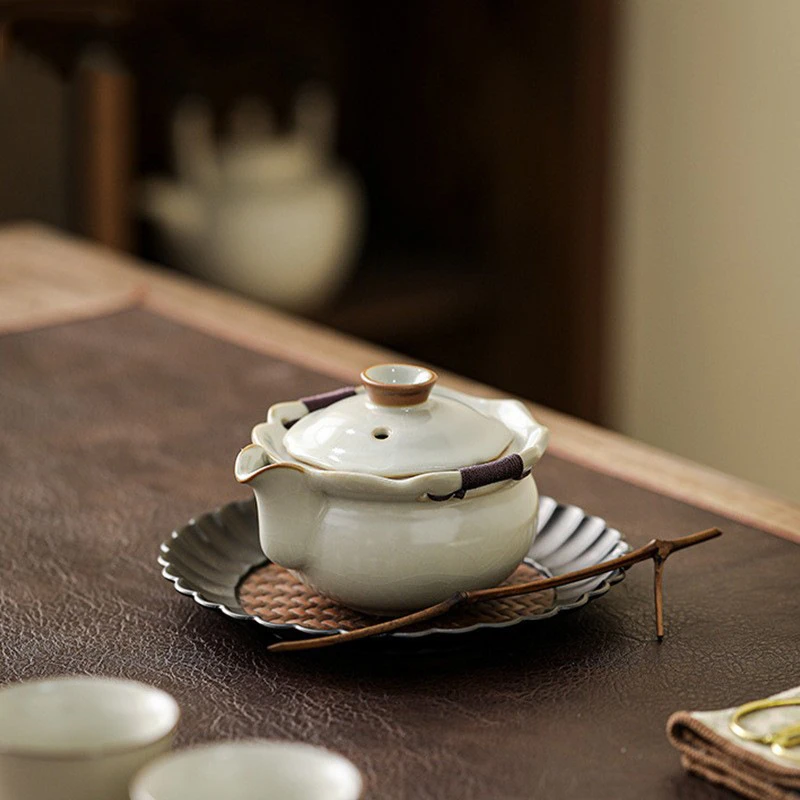 米黄汝窑大号盖碗茶杯防烫单个泡茶不烫手手抓壶茶碗高端茶具套装