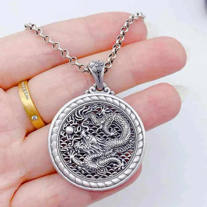 吊坠足银 999足银镂空龙牌吊坠龙年生肖属相礼物圆形吊坠项链男女