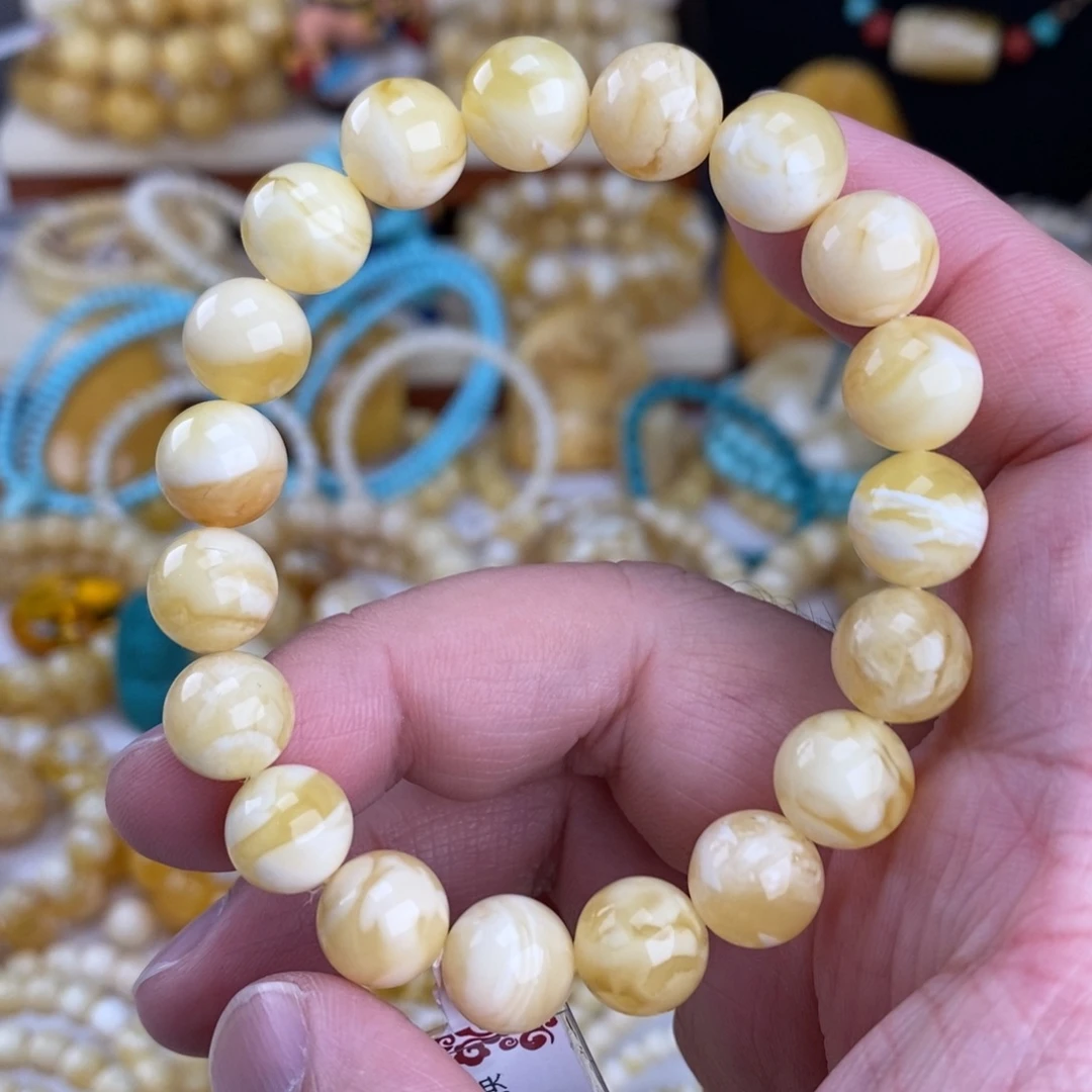 蜜蜡未镶嵌手链瓷白白蜡虎皮纹10.8mm圆珠