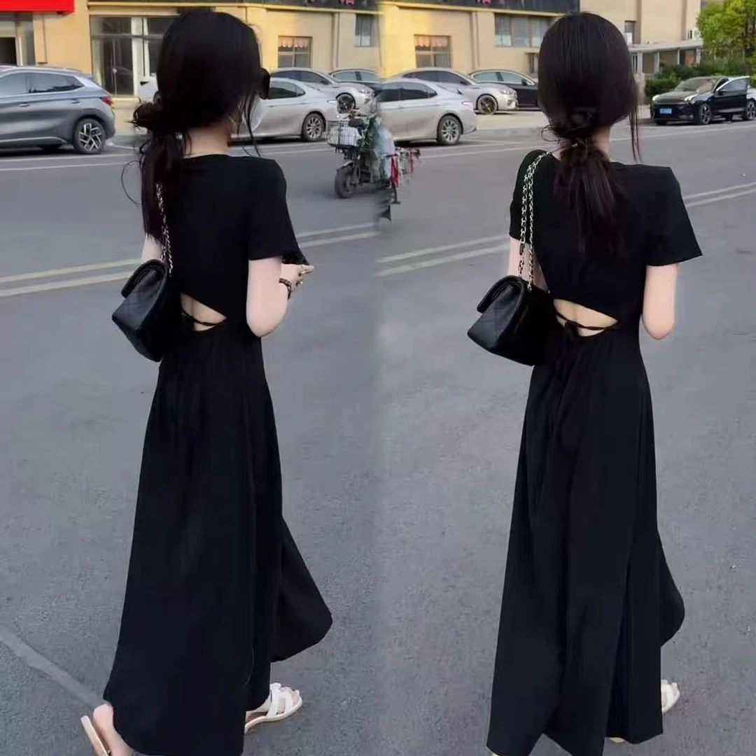 【2025夏季新款】法式赫本高级设计感性感露腰短袖休闲百搭连衣裙女