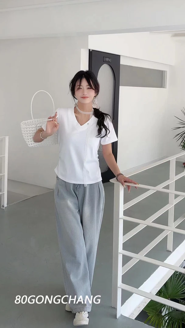 正肩V领纯色短袖t恤女夏季新款修身显瘦百搭收腰纯欲短款辣妹上衣
