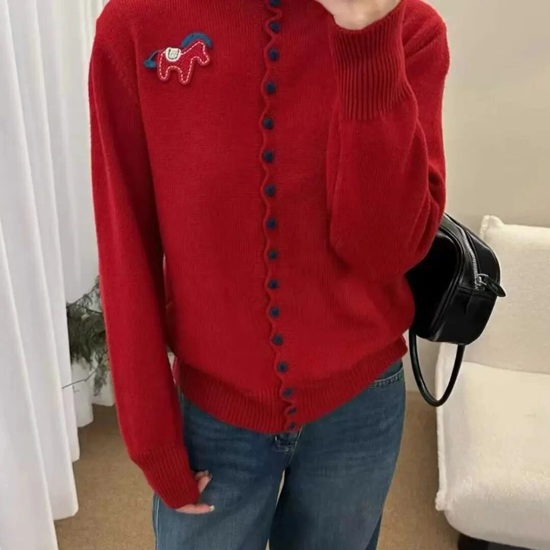 小乔家马到成功刺绣慵懒风针织开衫毛衣