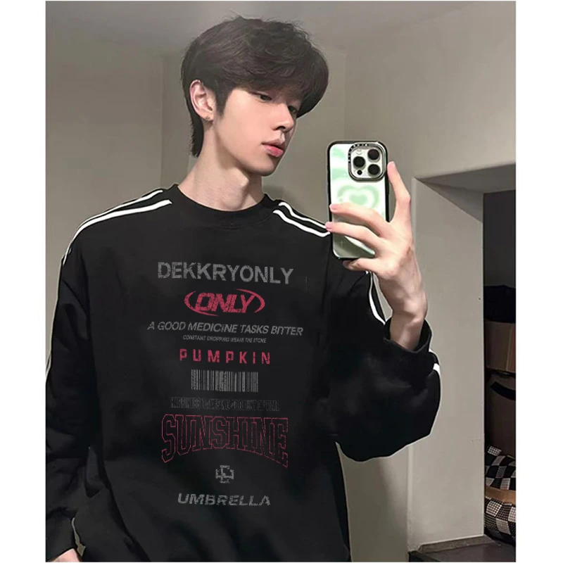 vibe个性字母印花三条杠长袖T恤男秋季潮牌百搭宽松纯棉重磅上衣