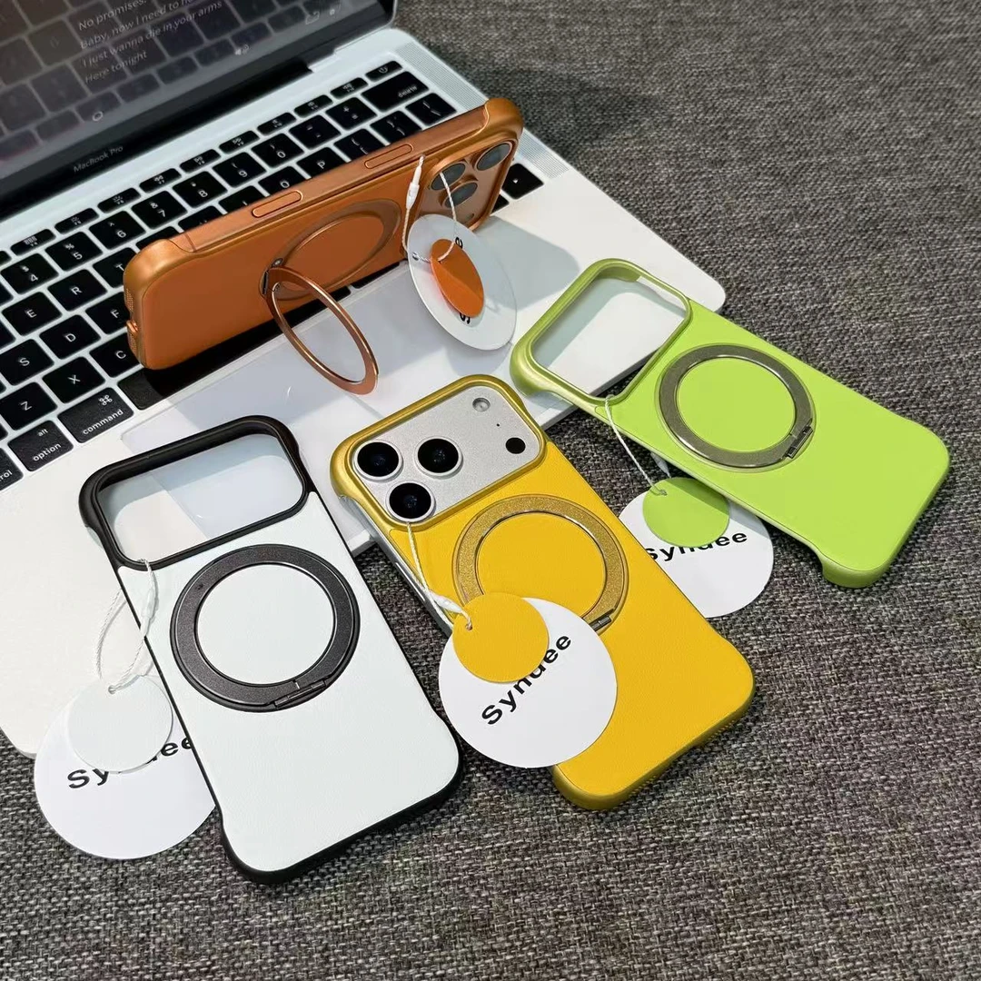 新款皮纹无边框磁吸支架适用iPhone16苹果17手机壳小米17华为P70