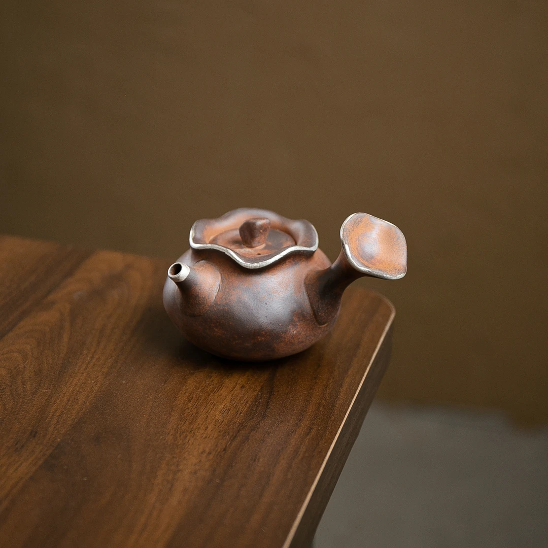 【正版川冶】鎏银福袋侧把.6902.粗陶老岩泥陶瓷茶器茶壶原矿裸烧