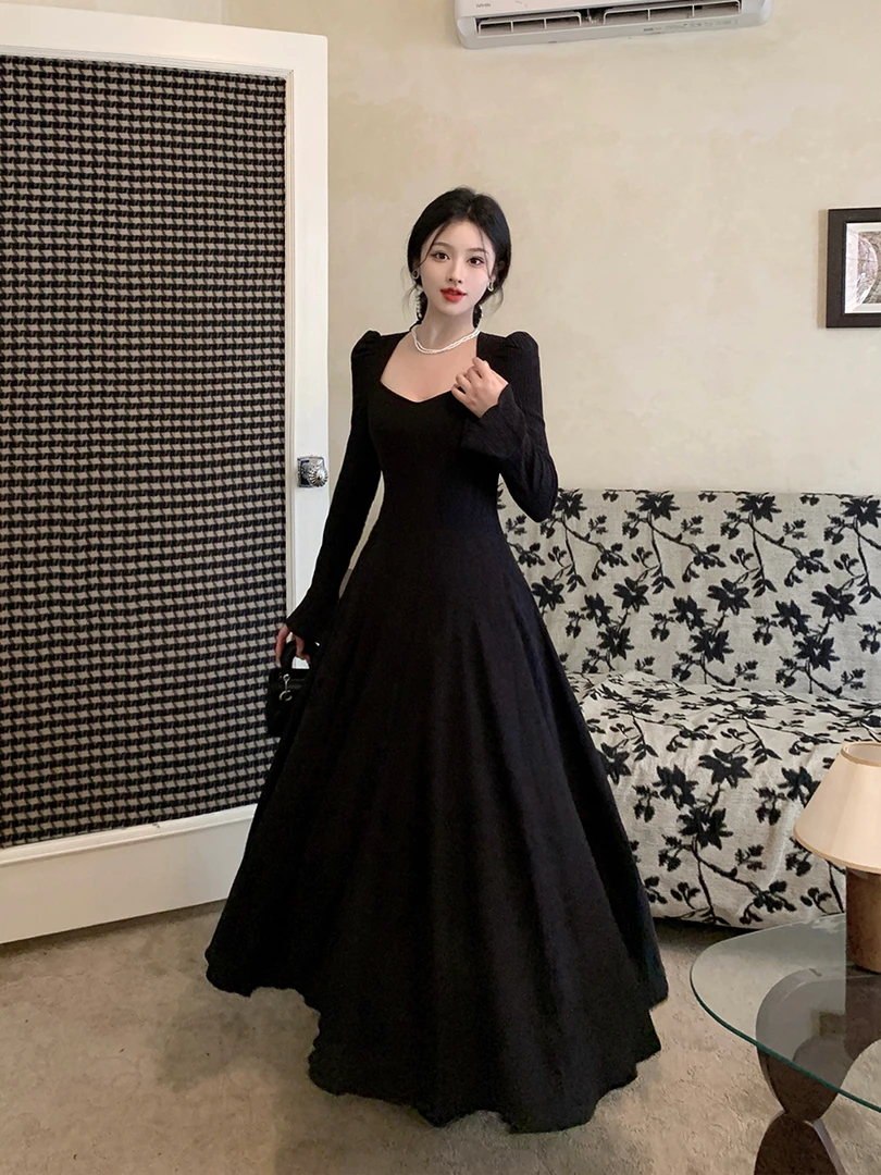 大码法式优雅气质赫本风连衣裙秋冬季藏肉修身大摆脚踝黑色长裙子