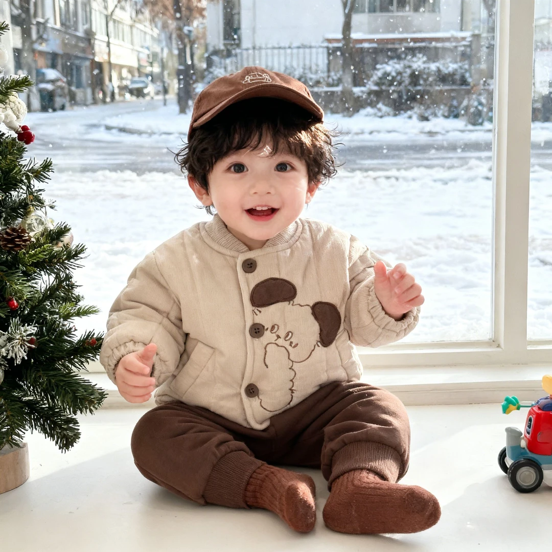 冬季新款宝宝刺绣小狗棉服婴幼儿加厚保暖分体套装外出服